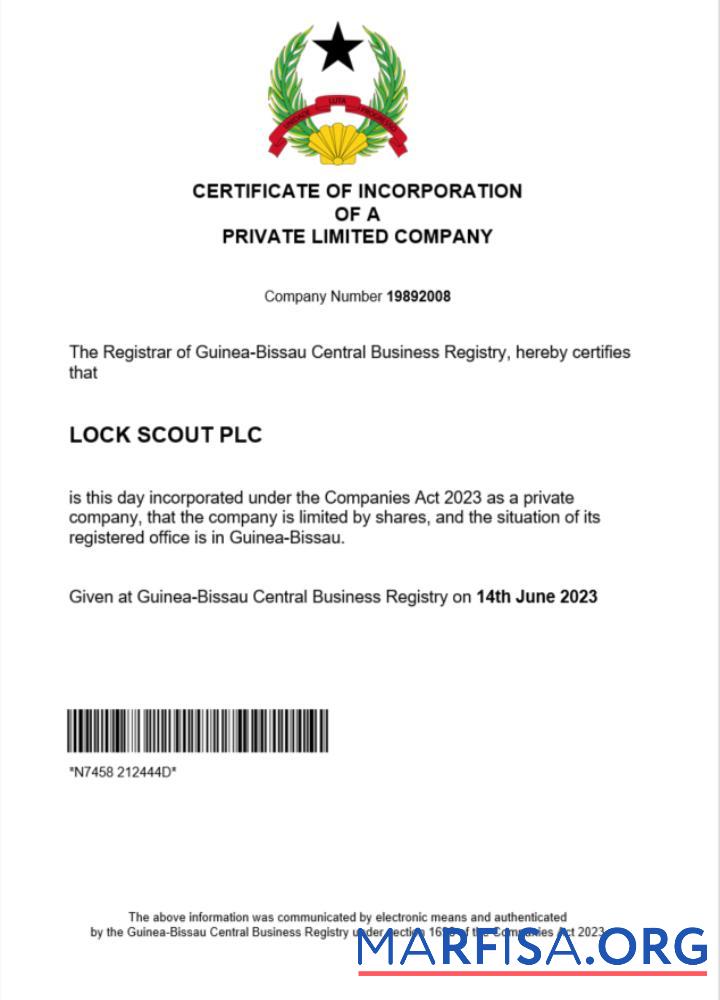 Printable Guinea Bissau certificate of registration Word and PDF template